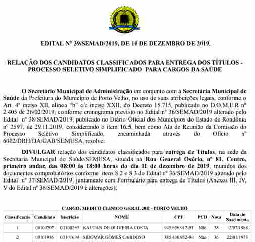 Prefeitura divulga nomes dos classificados para contratação da saúde