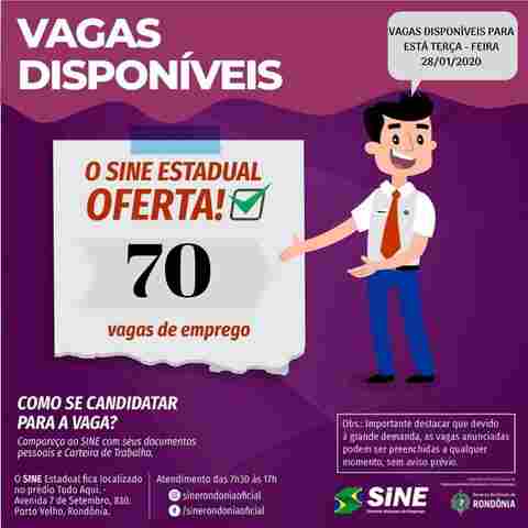Sine estadual oferece 70 vagas para esta terça-feira
