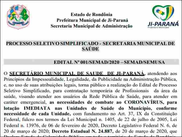 Coronavírus: Ji-Paraná abre seleção para contratação de 50 técnicos