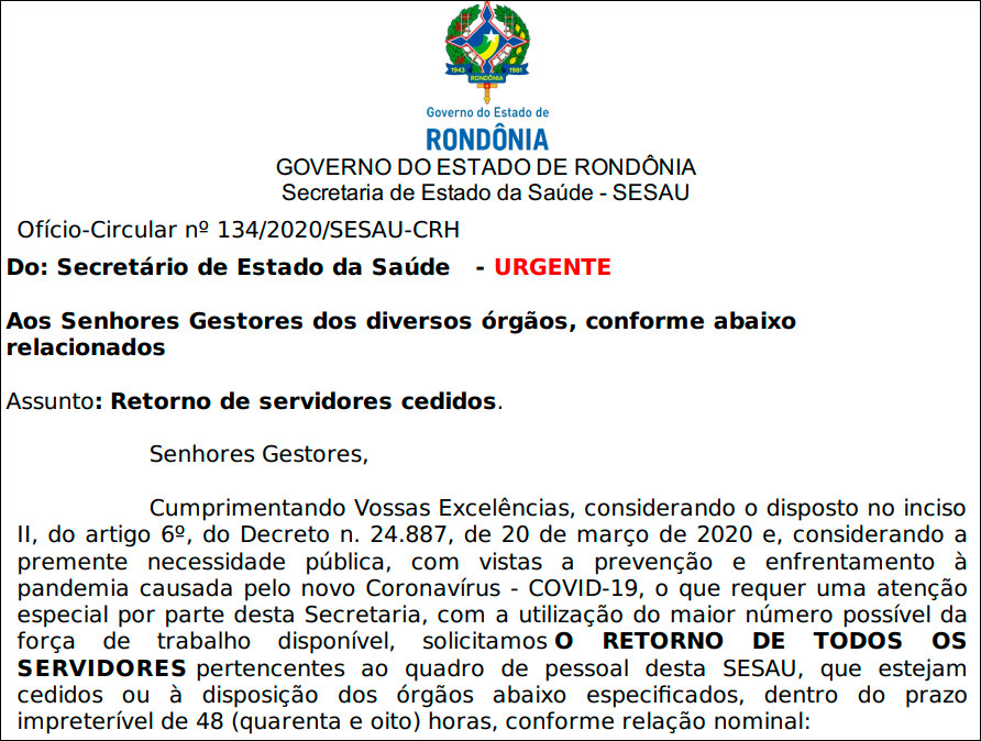 Governo dá 48 horas para que 112 servidores cedidos retornem para a Sesau; veja lista