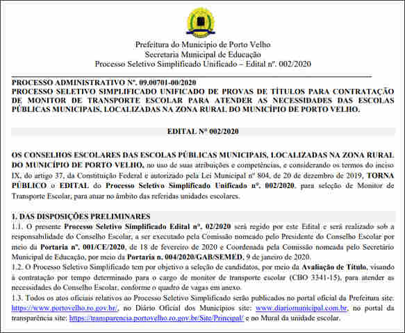Prefeitura de Porto Velho divulga edital para seleção de 146 monitores de ônibus escolares