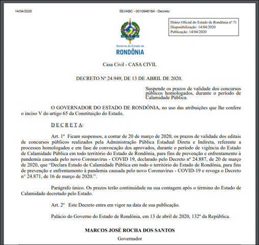 Governo de Rondônia suspende prazos de concursos homologados durante estado de calamidade