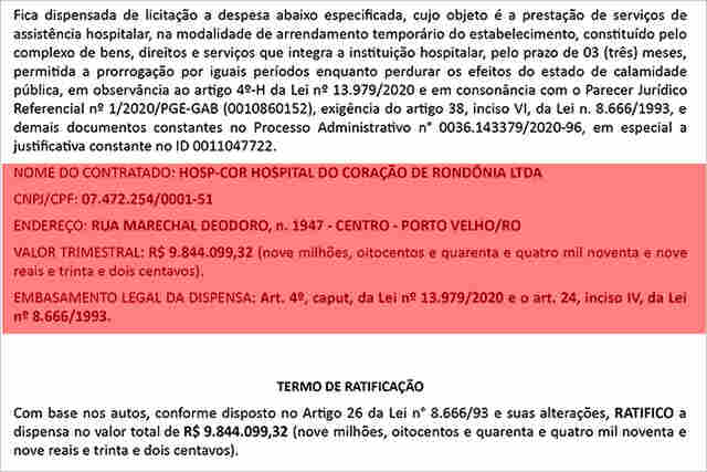 Governo de Rondônia desembolsa R$ 9,8 milhões para alugar por três meses hospital em Porto Velho