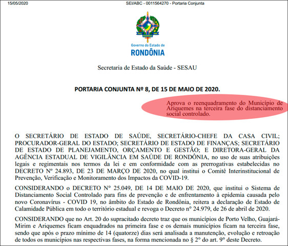 Ariquemes sai da fase 1 do Distanciamento Social Controlado e pode abrir comércio totalmente