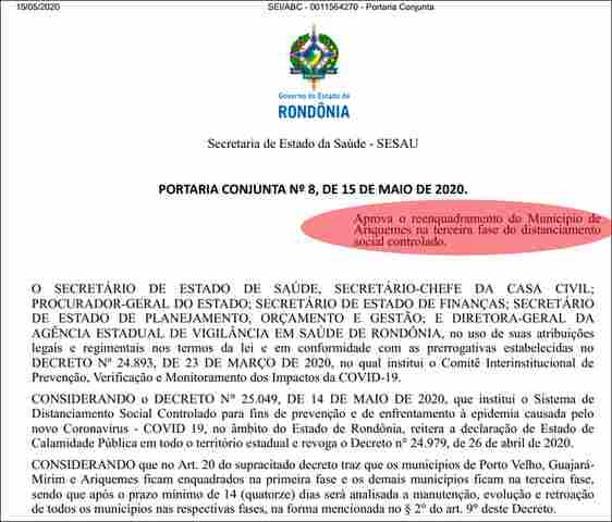 Ariquemes sai da fase 1 do Distanciamento Social Controlado e pode abrir comércio totalmente