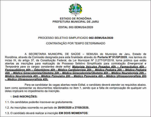 Jaru abre seleção para contratação temporária de profissionais para níveis fundamental e superior