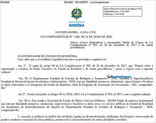 Em meio a pandemia, Governo recria a Secretaria de Estado de Obras