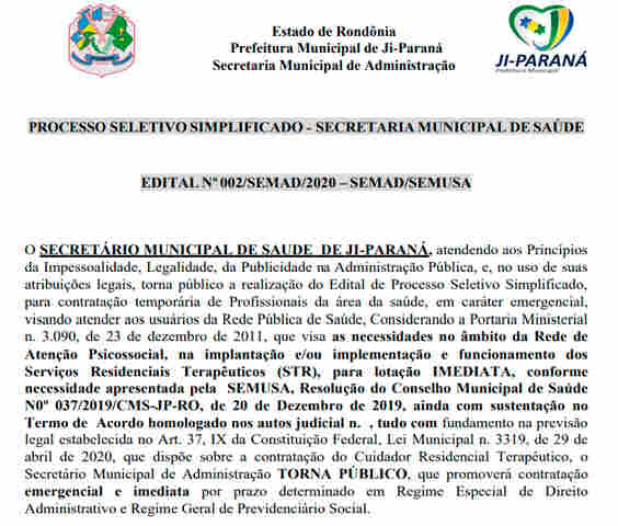 Ji-Paraná abre seleção para área da saúde com exigência do ensino médio