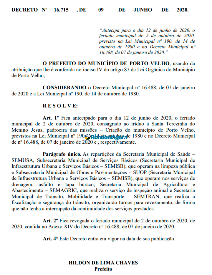 Prefeitura antecipa feriado do dia 2 de outubro para a próxima sexta, 12