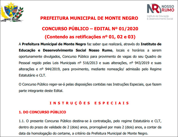 Prorrogadas inscrições para o concurso da Prefeitura de Monte Negro