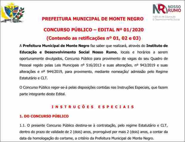 Prorrogadas inscrições para o concurso da Prefeitura de Monte Negro