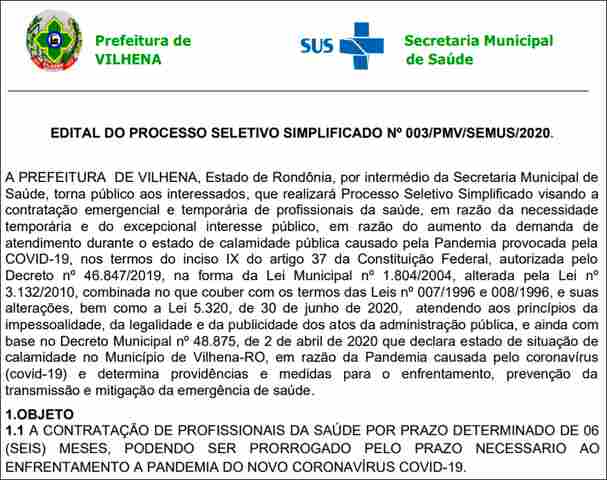 Prefeitura de Vilhena abre seleção para contratação de 90 profissionais de Saúde