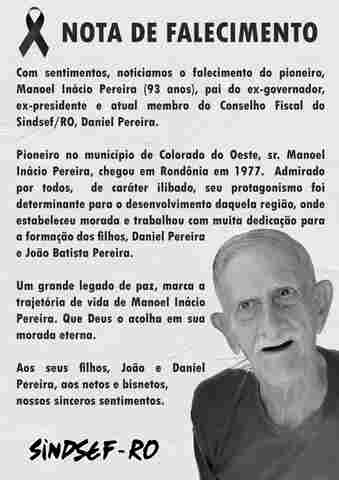 Nota de pesar do Sindsef pelo falecimento do senhor Manoel Inácio Pereira