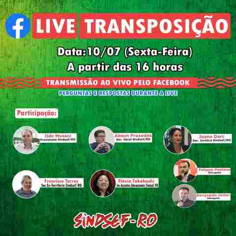 Sindsef fará live sobre transposição neste sexta-feira, às 16 horas