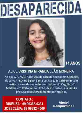 Adolescente de 14 anos está desaparecida desde domingo