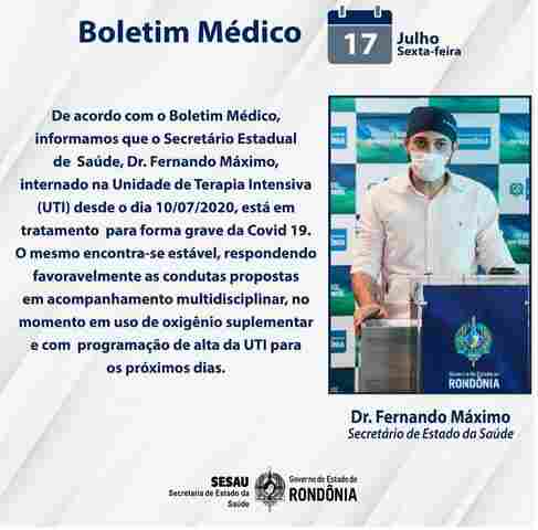 Secretário Fernando Máximo segue internado em UTI em Porto Velho; quadro é estável