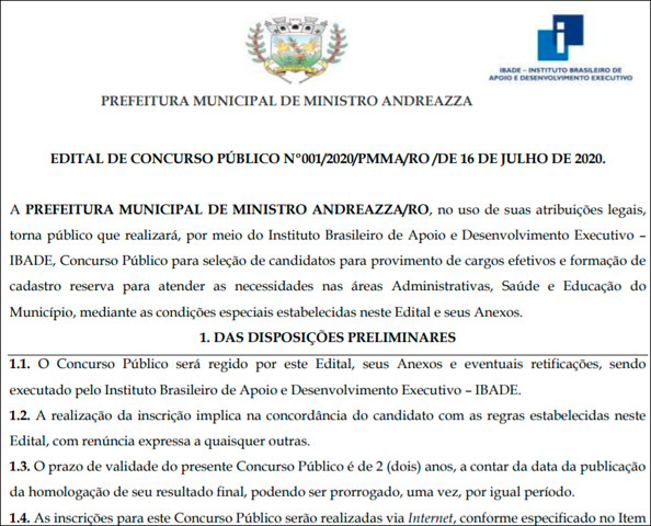 Prefeitura de Ministro Andreazza abre concurso e oferece 35 vagas