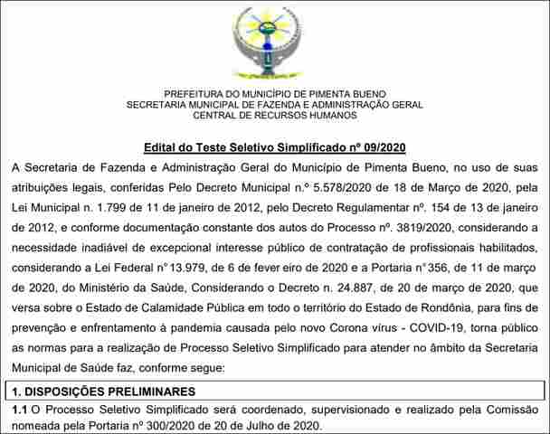 Pimenta Bueno abre seleção e oferece 22 cargos