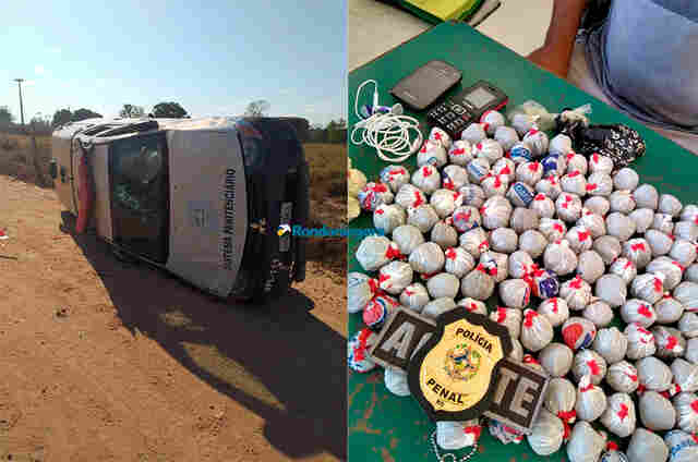 Policiais penais apreendem droga jogada para presídio e em perseguição, viatura acaba capotando