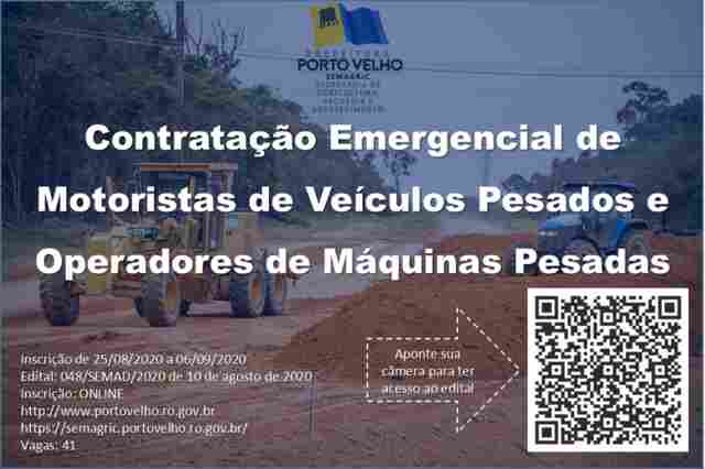 Prefeitura tem inscrições abertas para operador de máquinas pesadas e motoristas de veículos pesados