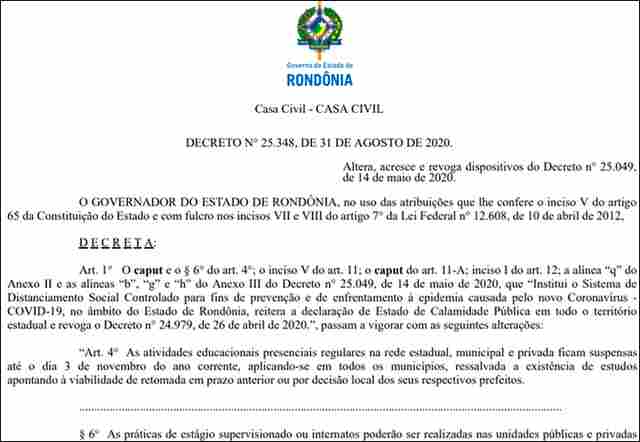 Governo suspende aulas em Rondônia até 3 de novembro, mas libera crianças em comércios