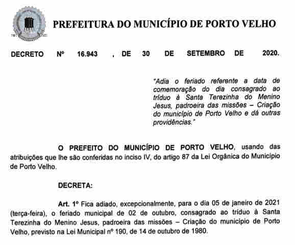 Sai o decreto que adia feriado do aniversário de Porto Velho para 5 de janeiro
