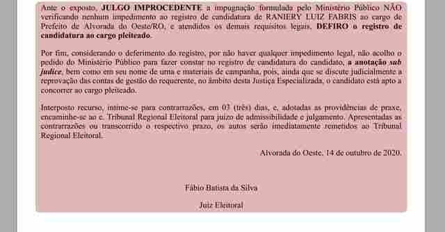 Justiça julga improcedente impugnação e defere registro ao ex-prefeito Raniery Luiz Fabris, em Alvorada do Oeste