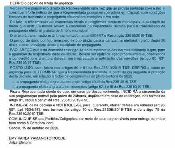 Justiça garante apresentação de propaganda eleitoral gratuita na TV Cacoal