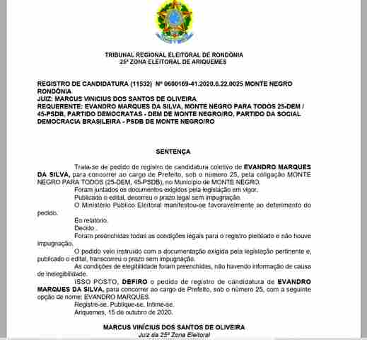 Registro de Evandro Marques é deferido em Monte Negro