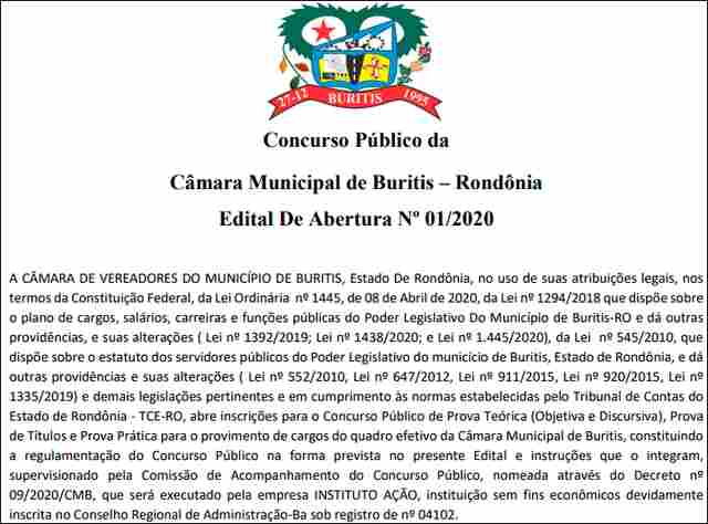Câmara de Buritis abre concurso público com vagas para todos os níveis