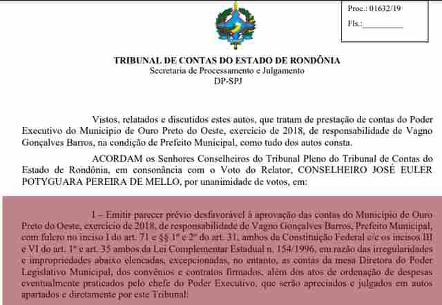 Prefeito de Ouro Preto tenta maquiar números, é descoberto e suas contas são consideradas irregulares por rombo de R$ 1,7 milhão