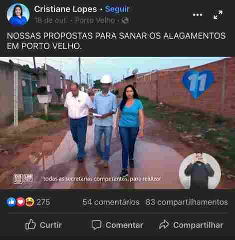 Candidata Cristiane Lopes avisa que está com covid e retira do Face as fotos onde aparece fazendo campanha sem máscara