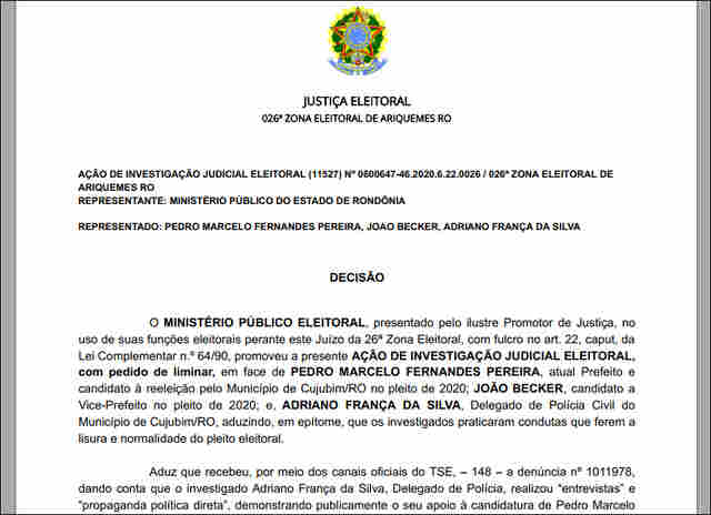 Candidatos à reeleição em Cujubim devem cessar propaganda com apoio de delegado de Polícia