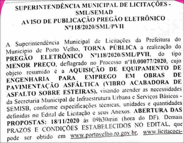 Prefeitura da Capital publica aviso de pregão para comprar máquina pavimentadora de asfalto