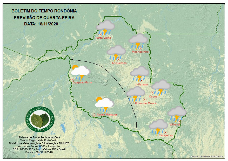 Quarta-feira terá tempo nublado e chuvas em Rondônia