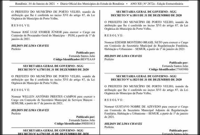 Diário Oficial publica nomeações do primeiro escalão em Porto Velho