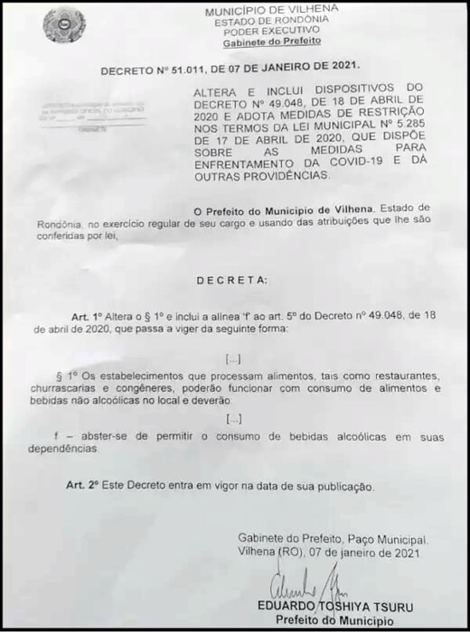 Decreto impede consumo de bebidas alcoólicas em restaurantes de Vilhena