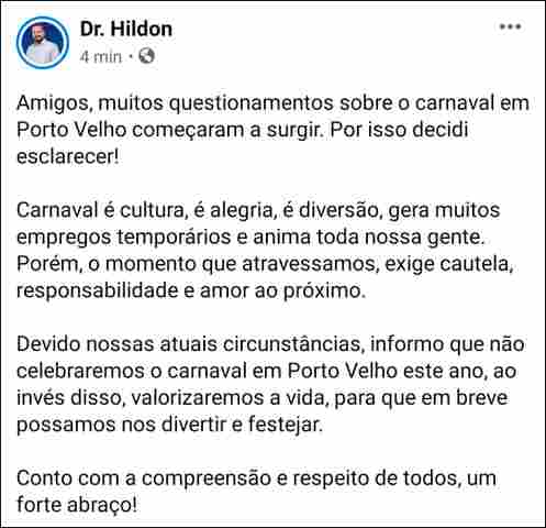 Prefeito confirma que Porto Velho não terá Carnaval