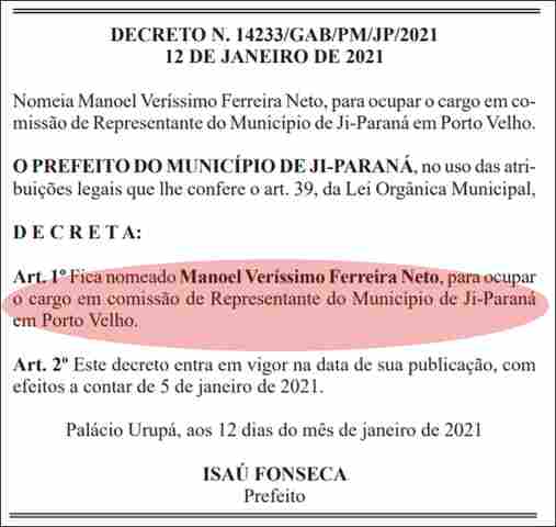 Prefeito Isaú Fonseca nomeia advogado particular para representar Ji-Paraná em Porto Velho