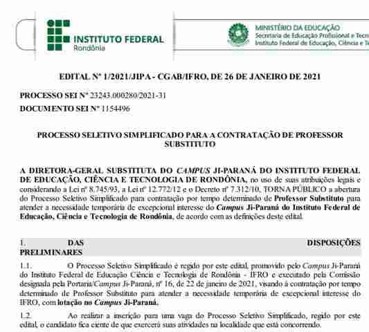 Ifro: Campus Ji-Paraná abre inscrições para vaga de professor substituto de Língua Portuguesa
