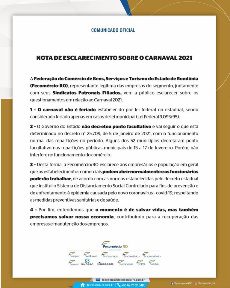 Sem Carnaval, Fecomércio orienta empresários a abrirem empresas normalmente na terça e quarta-feira