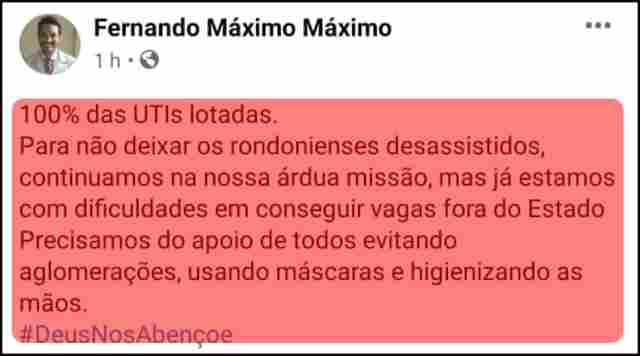Rondônia está novamente sem leitos de UTI para pacientes com Coronavírus