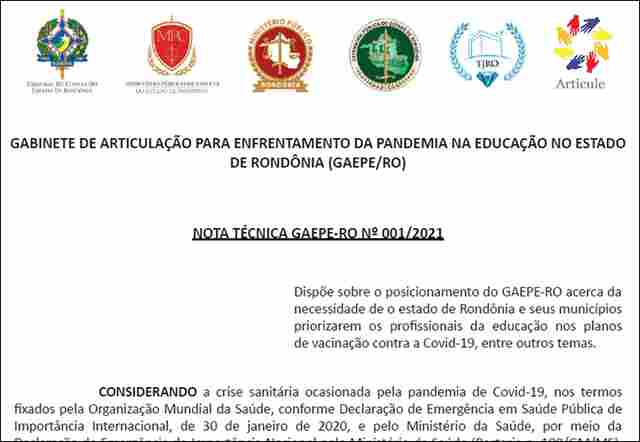 Gabinete formado pelo TJ, MP, MPC, TCE e Defensoria defende retorno de aulas presenciais em Rondônia