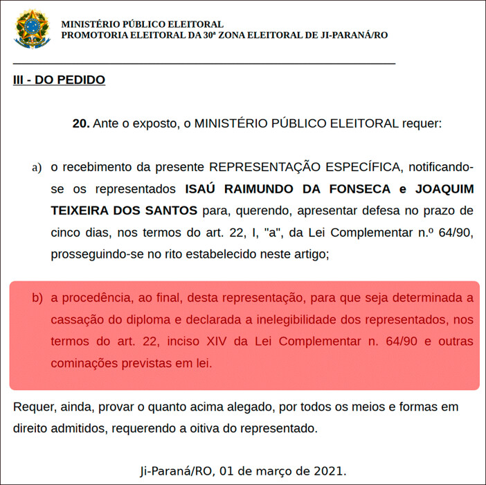 Comitê de campanha tenta mascarar gastos irregulares de campanha, MP descobre e pede cassação do prefeito de Ji-Paraná