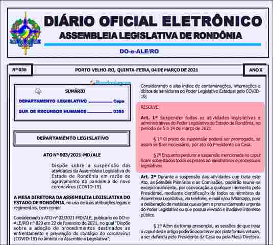 Avanço do Coronavírus: Assembleia suspende todas as atividades até o próximo dia 14