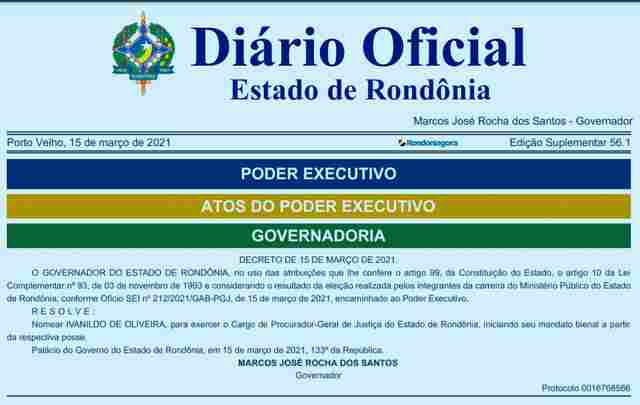 Governador nomeia segundo colocado como novo procurador-geral de Justiça de Rondônia
