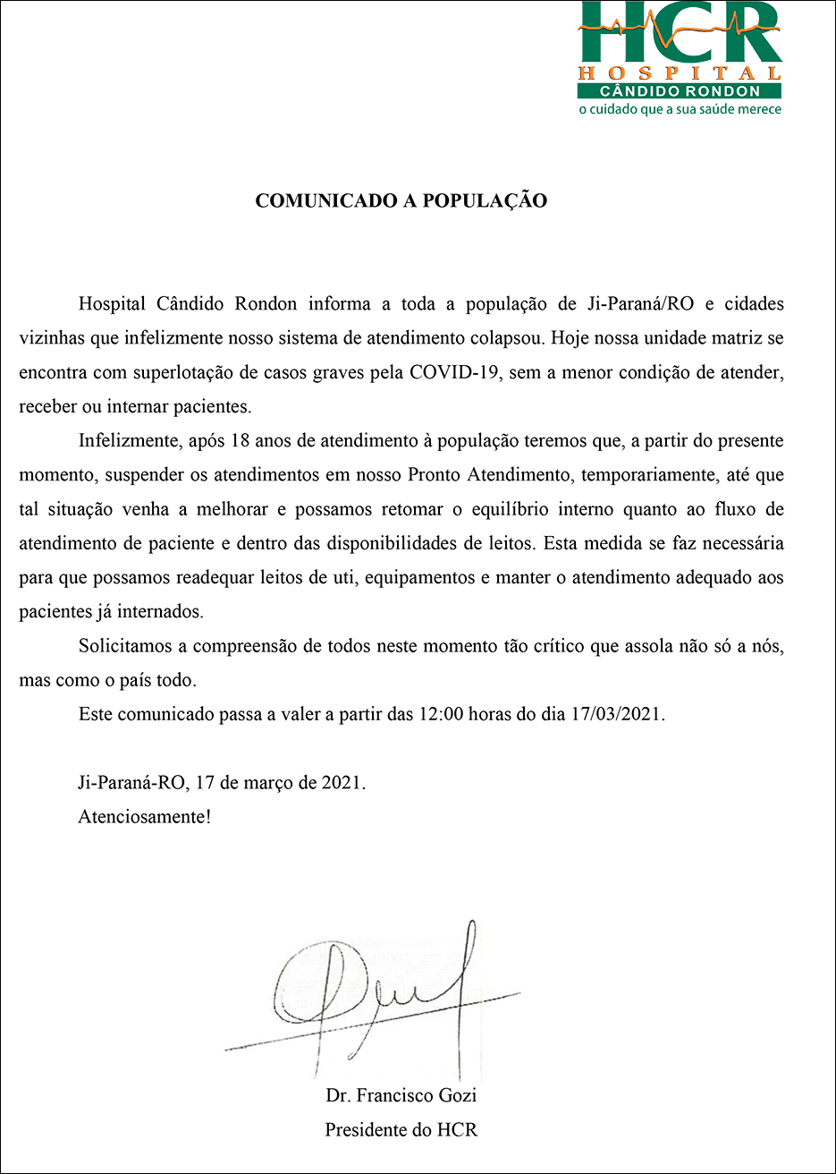 "Sistema colapsou": Hospital em Ji-Paraná anuncia que não pode mais receber pacientes