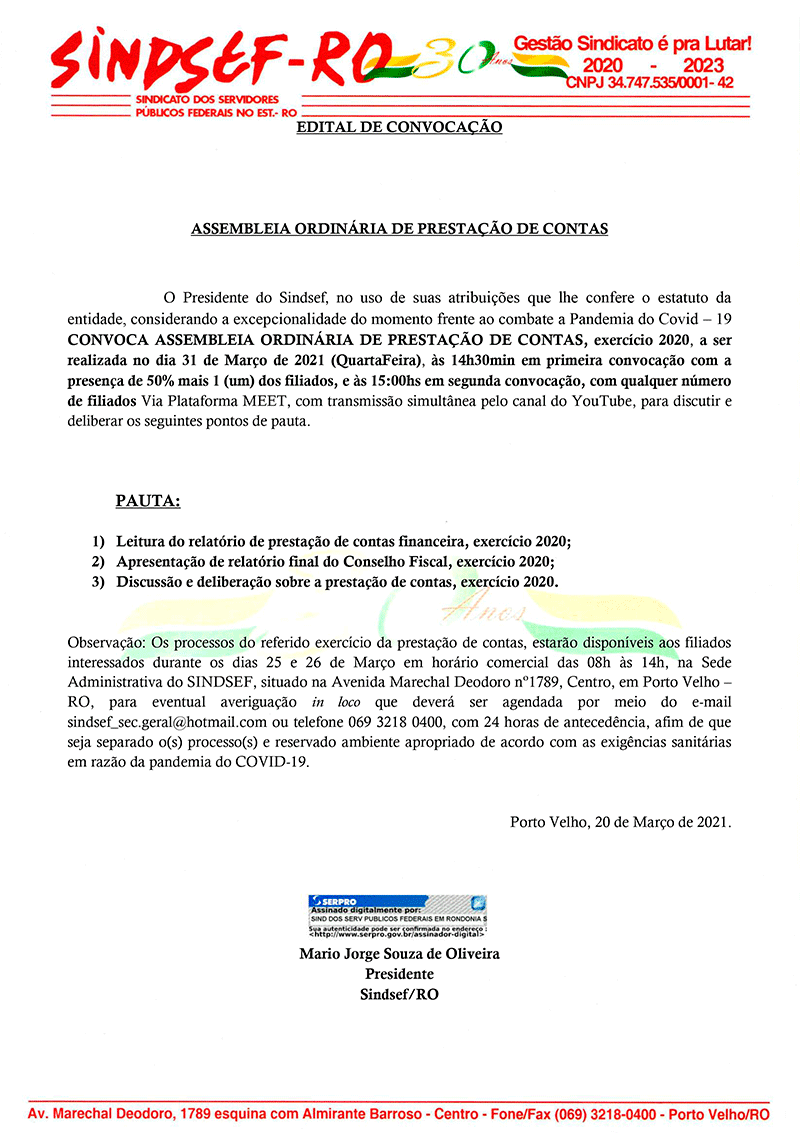 Sindsef-RO Edital de Convocação de Assembleia Ordinária de Prestação de Contas