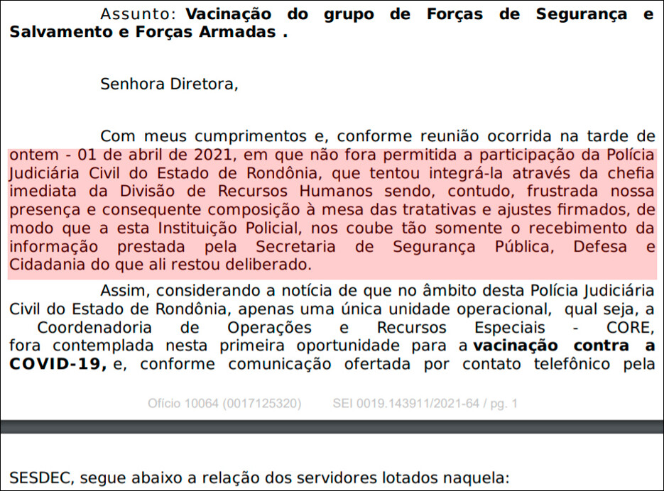 Linha de frente da Polícia Civil fica fora da 1ª etapa de vacinação em Rondônia; instituição foi excluída de reunião