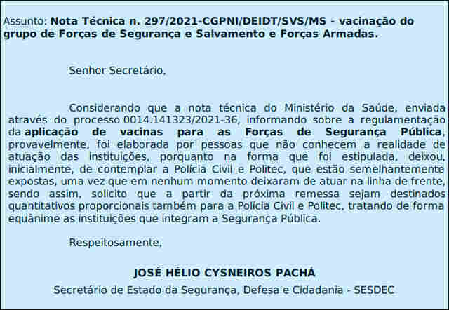 Secretário culpa Ministério da Saúde e pede inclusão da Polícia Civil e Politec em plano de vacinação